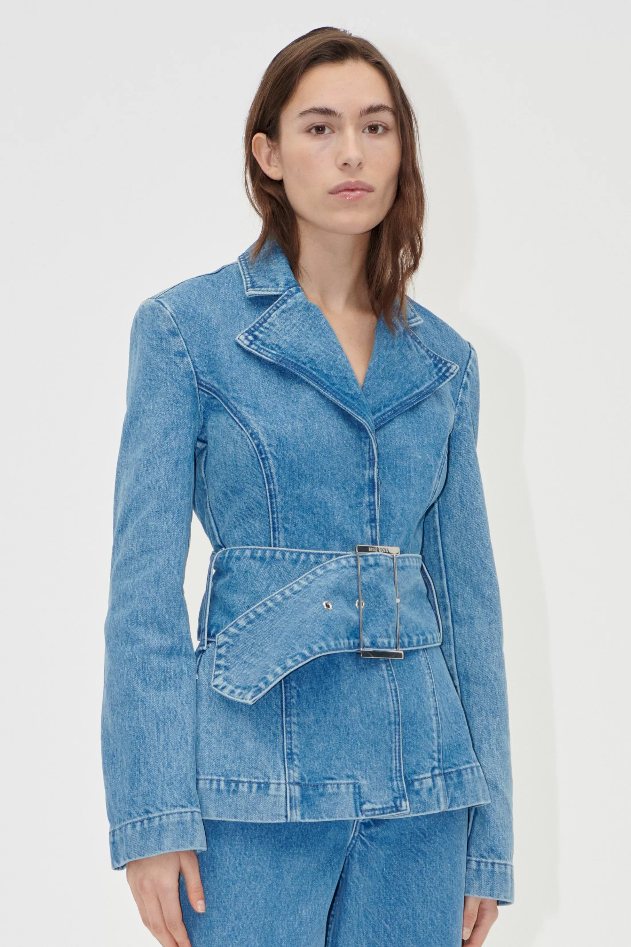 Outlet Belted Tailored Jacket - Denim Blue Denim