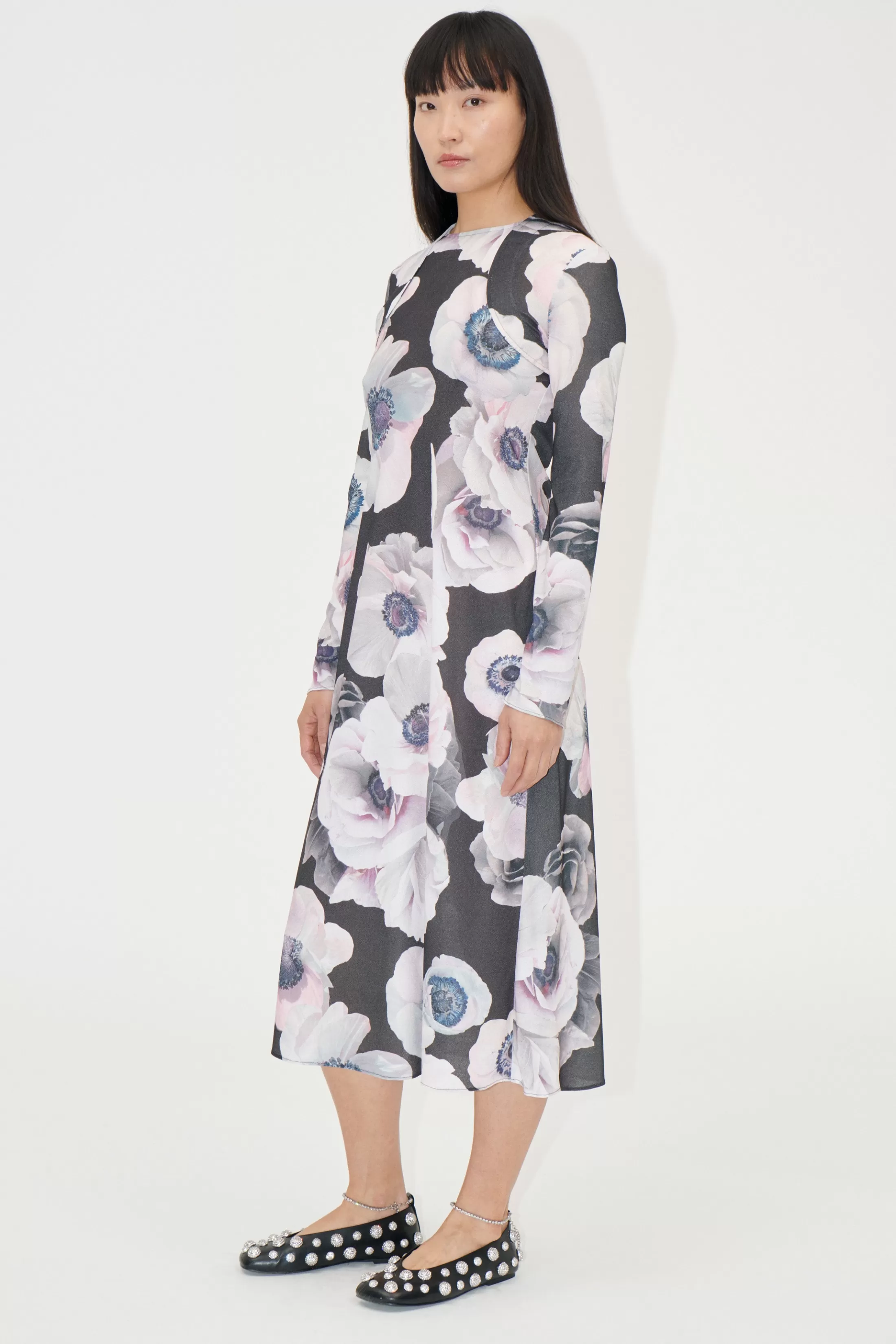 Clearance Crewneck Long Sleeve Midi Dress - Nostalgic Anemone Kjoler