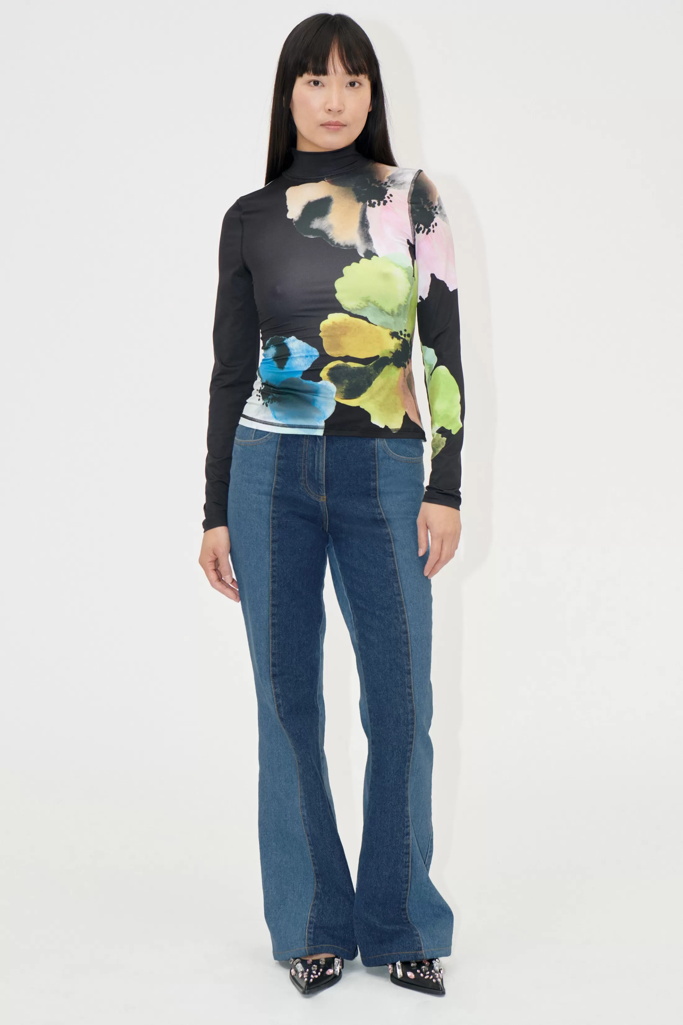 Flash Sale Elastic High Neck Collared Top - Watercolor Bloom Maxi Bluser & Skjorter