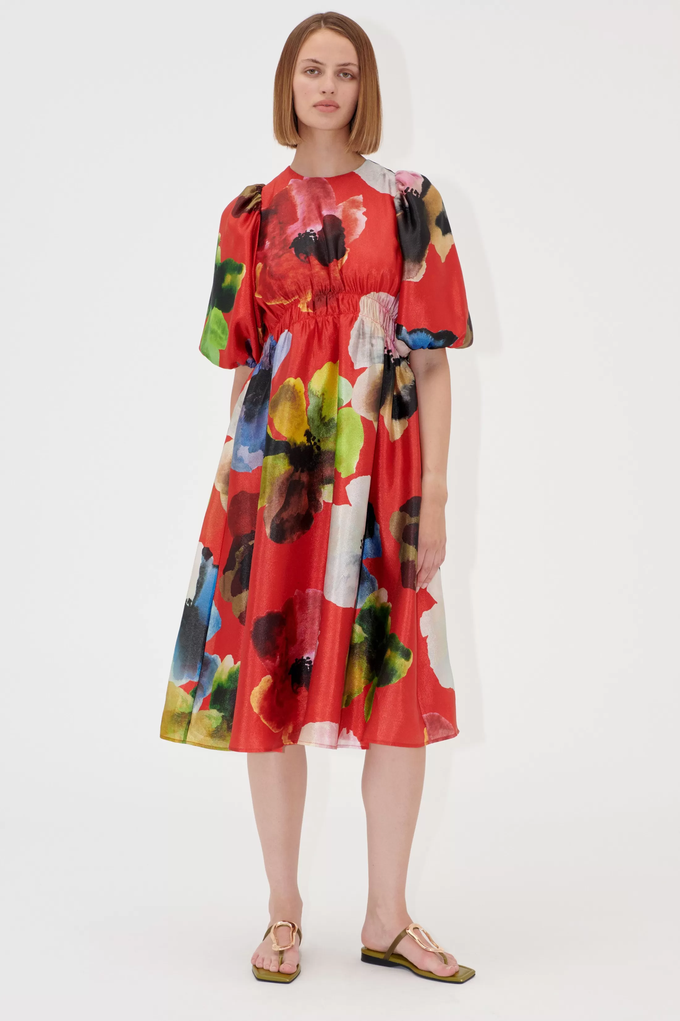 Outlet Elasticated Waist Midi Dress - Bloom In Red Kjoler