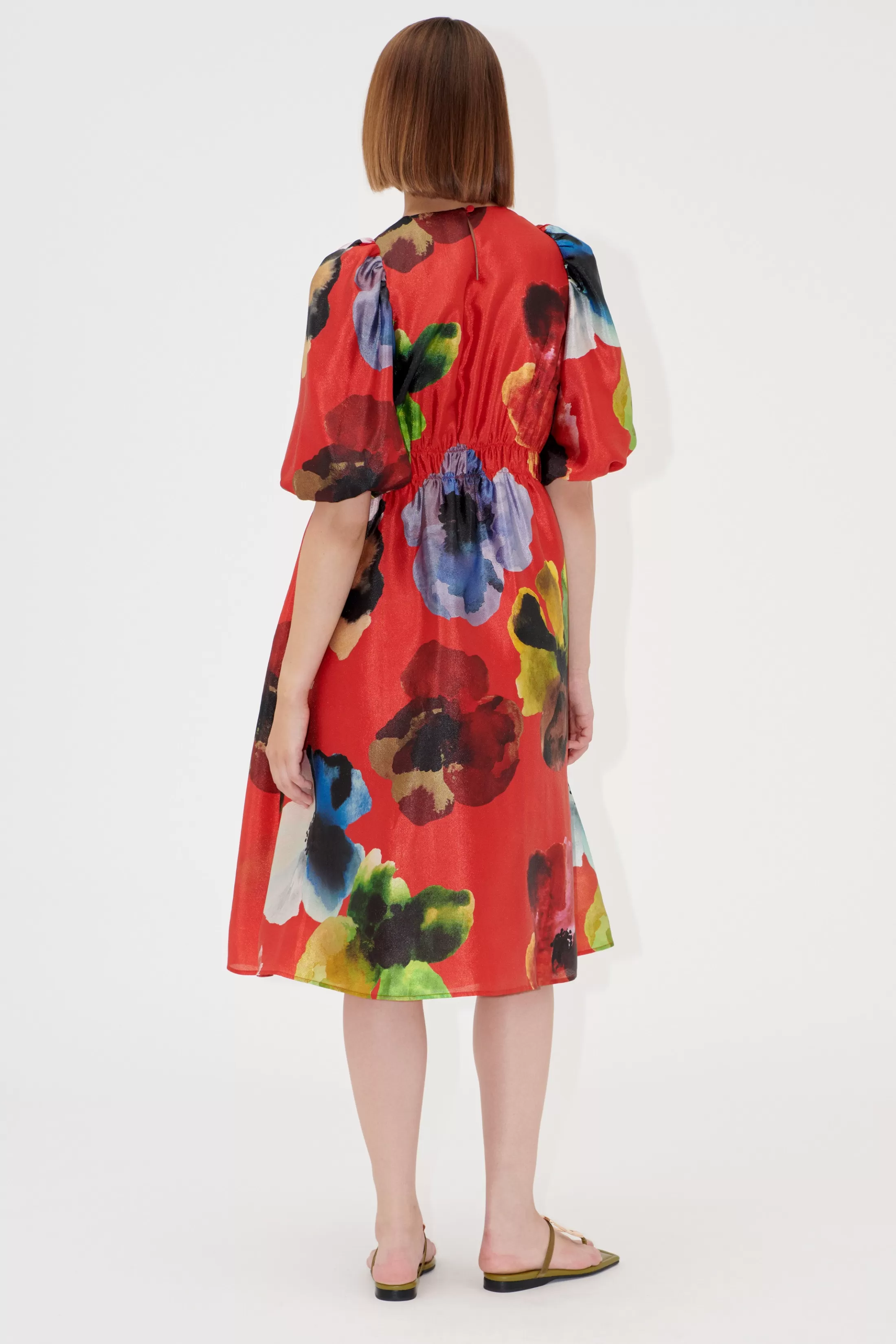 Outlet Elasticated Waist Midi Dress - Bloom In Red Kjoler