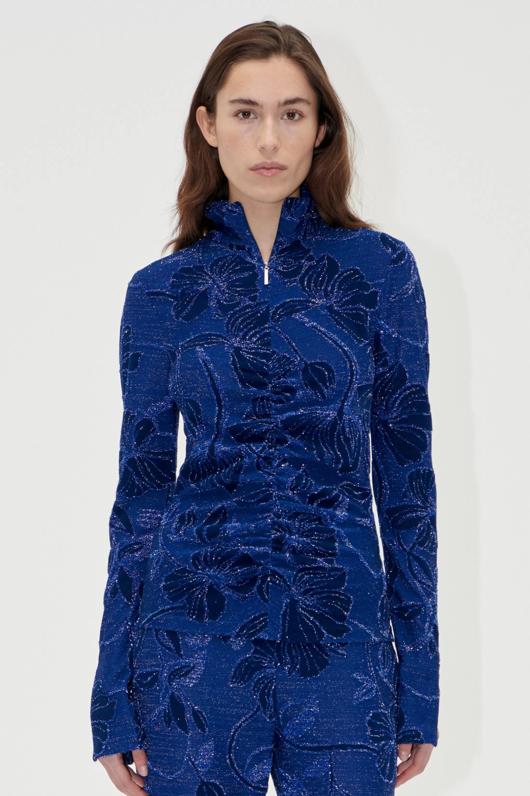 Online Gathered Long Sleeve High Neck Collar Top - Fine Line Poppies Bluser & Skjorter