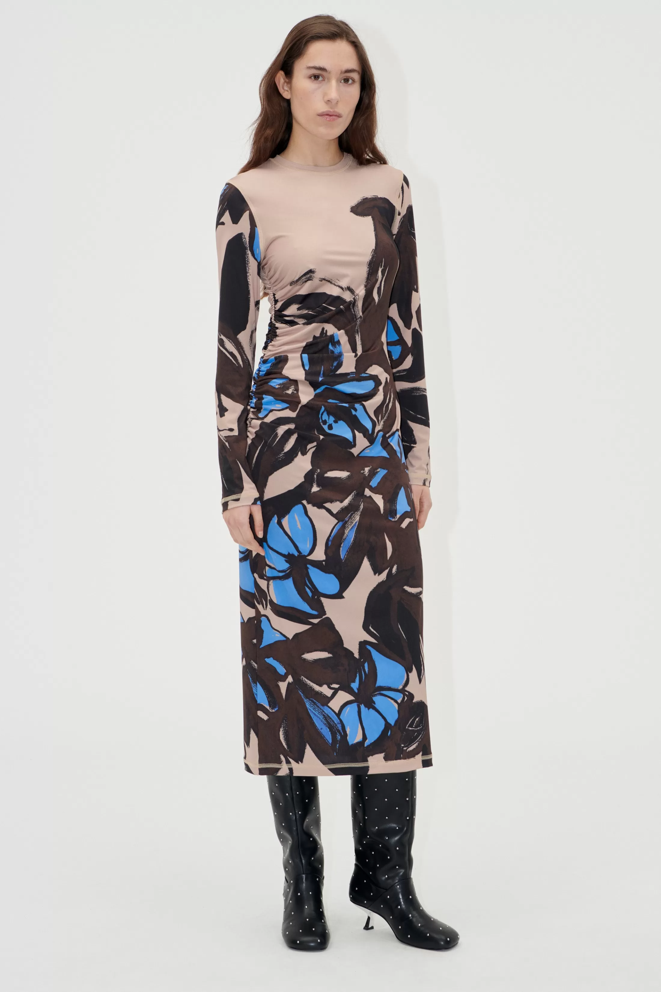 Clearance Gathered Long Sleeve Midi Dress - Eccentric Floral Kjoler