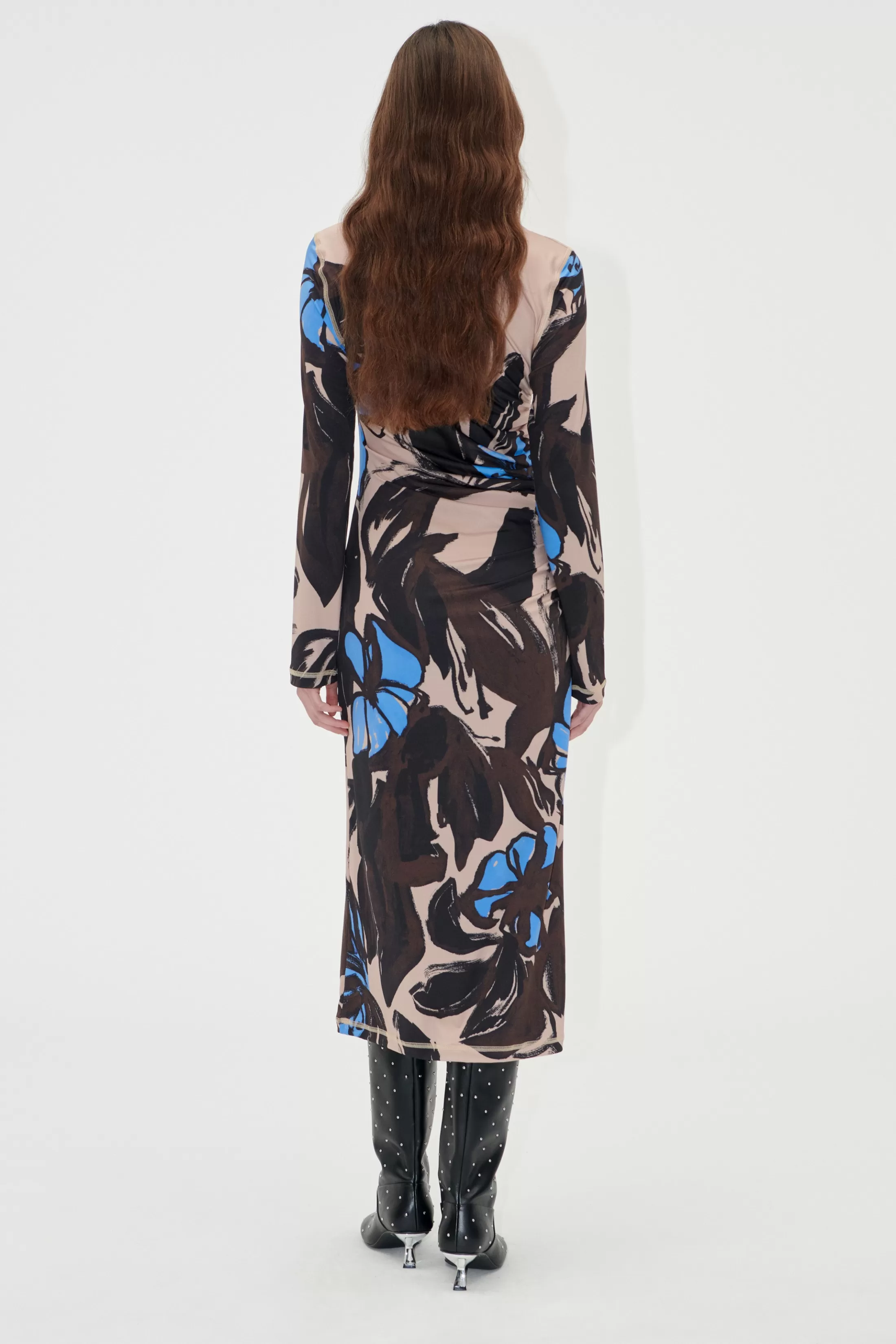 Clearance Gathered Long Sleeve Midi Dress - Eccentric Floral Kjoler