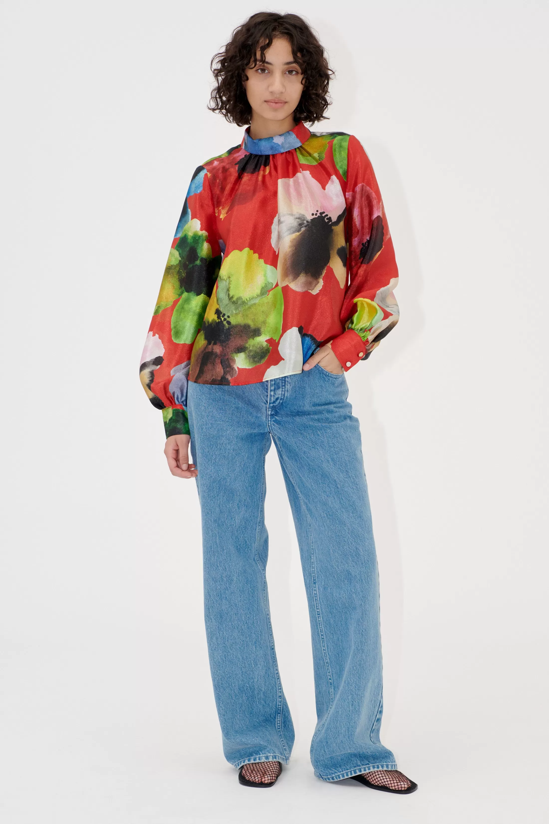 Discount Gathered Long Sleeve Top - Bloom In Red Bluser & Skjorter