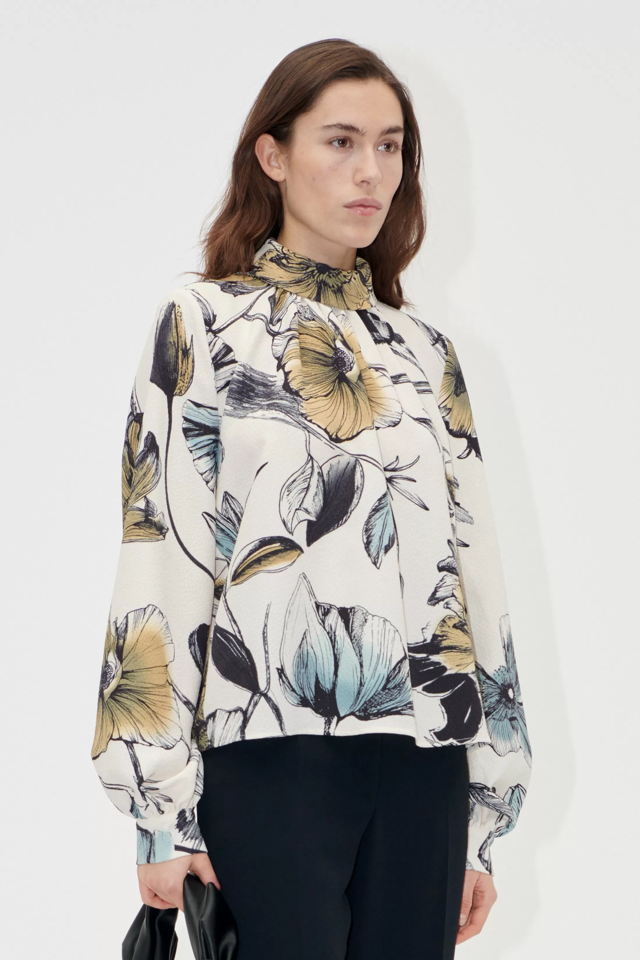 Cheap Gathered Long Sleeve Top - Fine Line Poppies Bluser & Skjorter