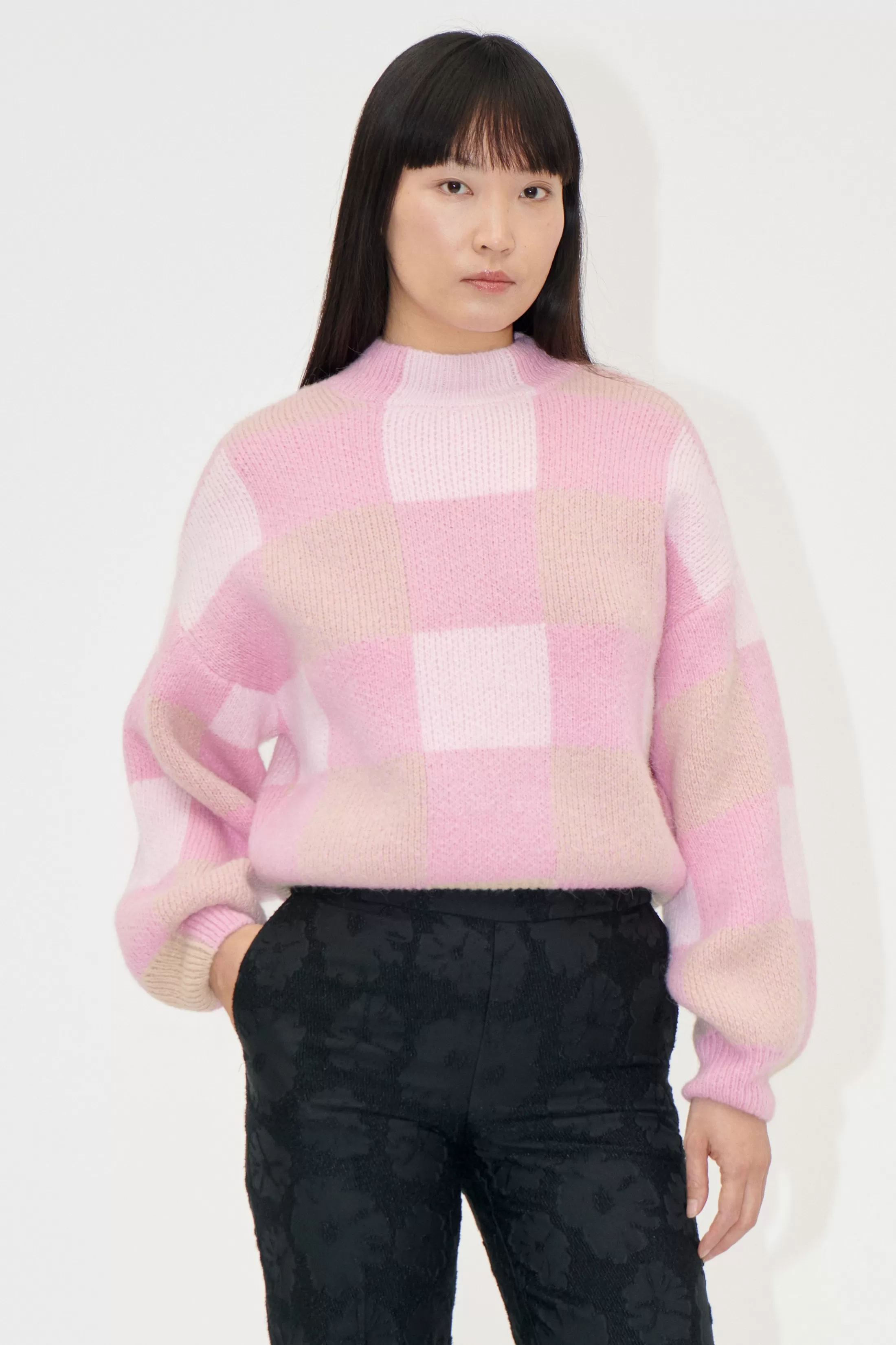 Discount Gingham Check Sweater - Pink Gingham Check Strik