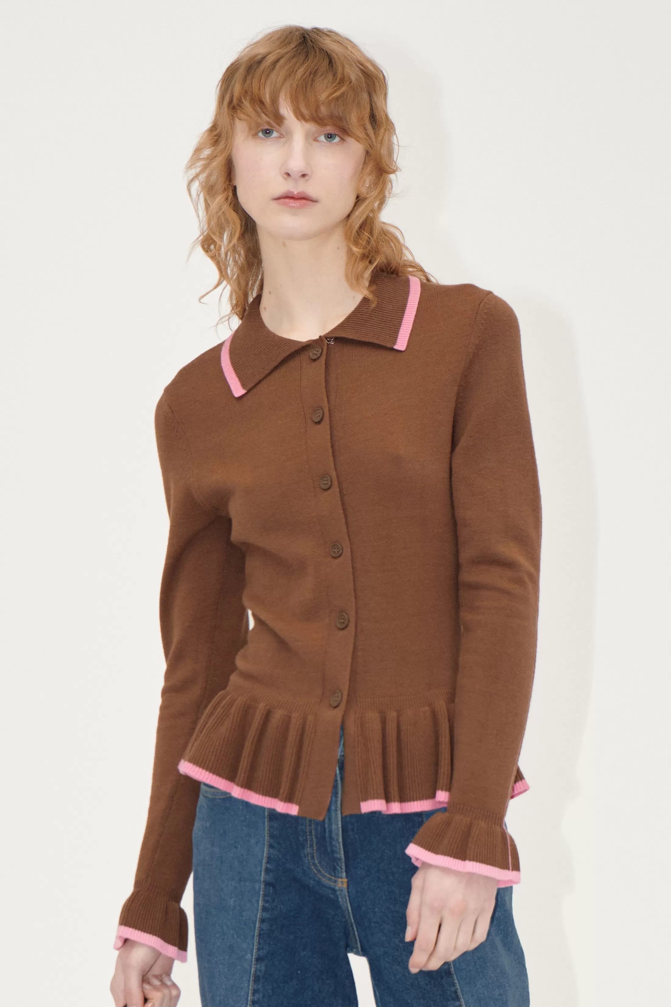 New Linear Ruffle Cardigan - Partridge Brown Strik