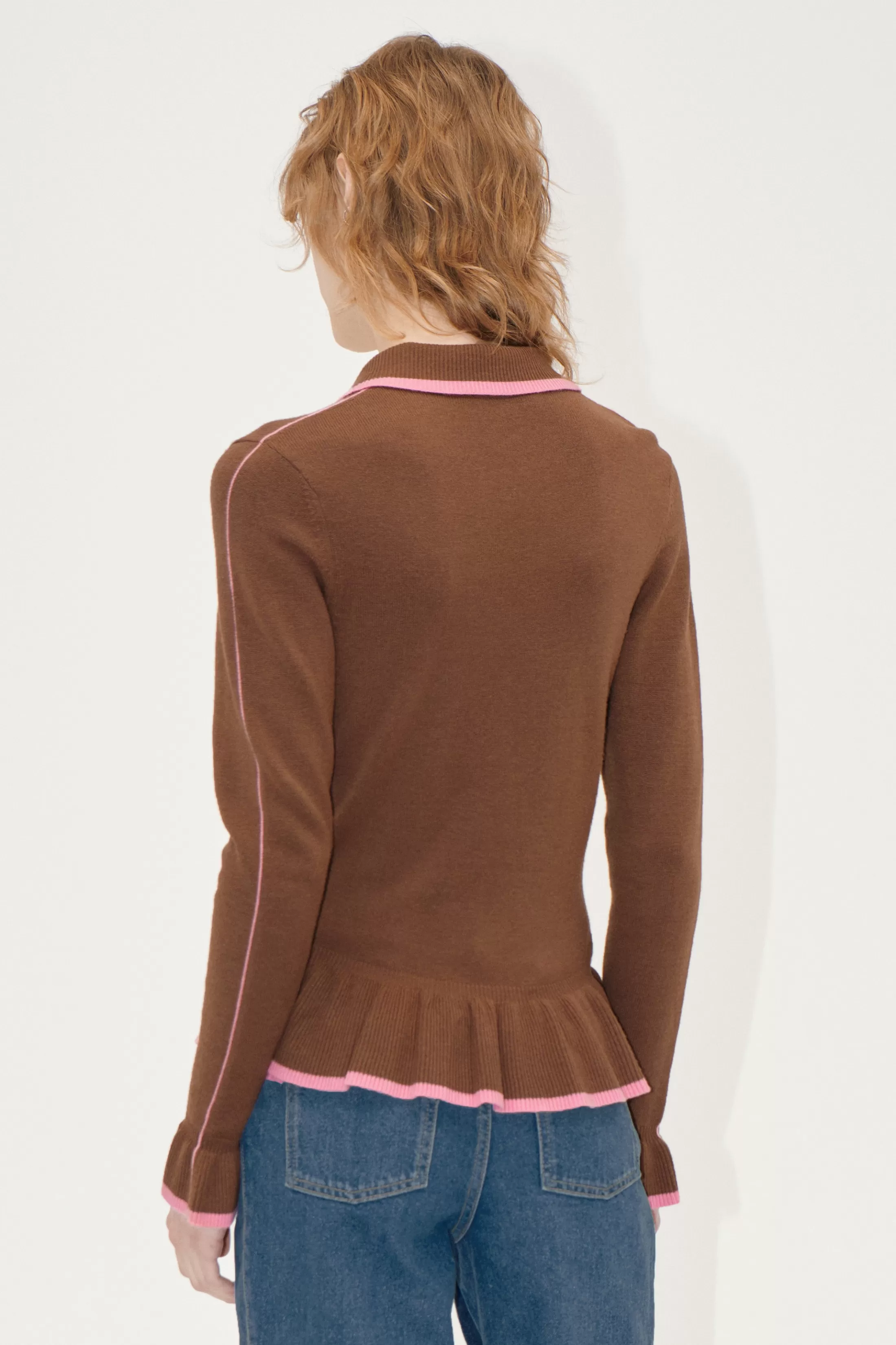 New Linear Ruffle Cardigan - Partridge Brown Strik