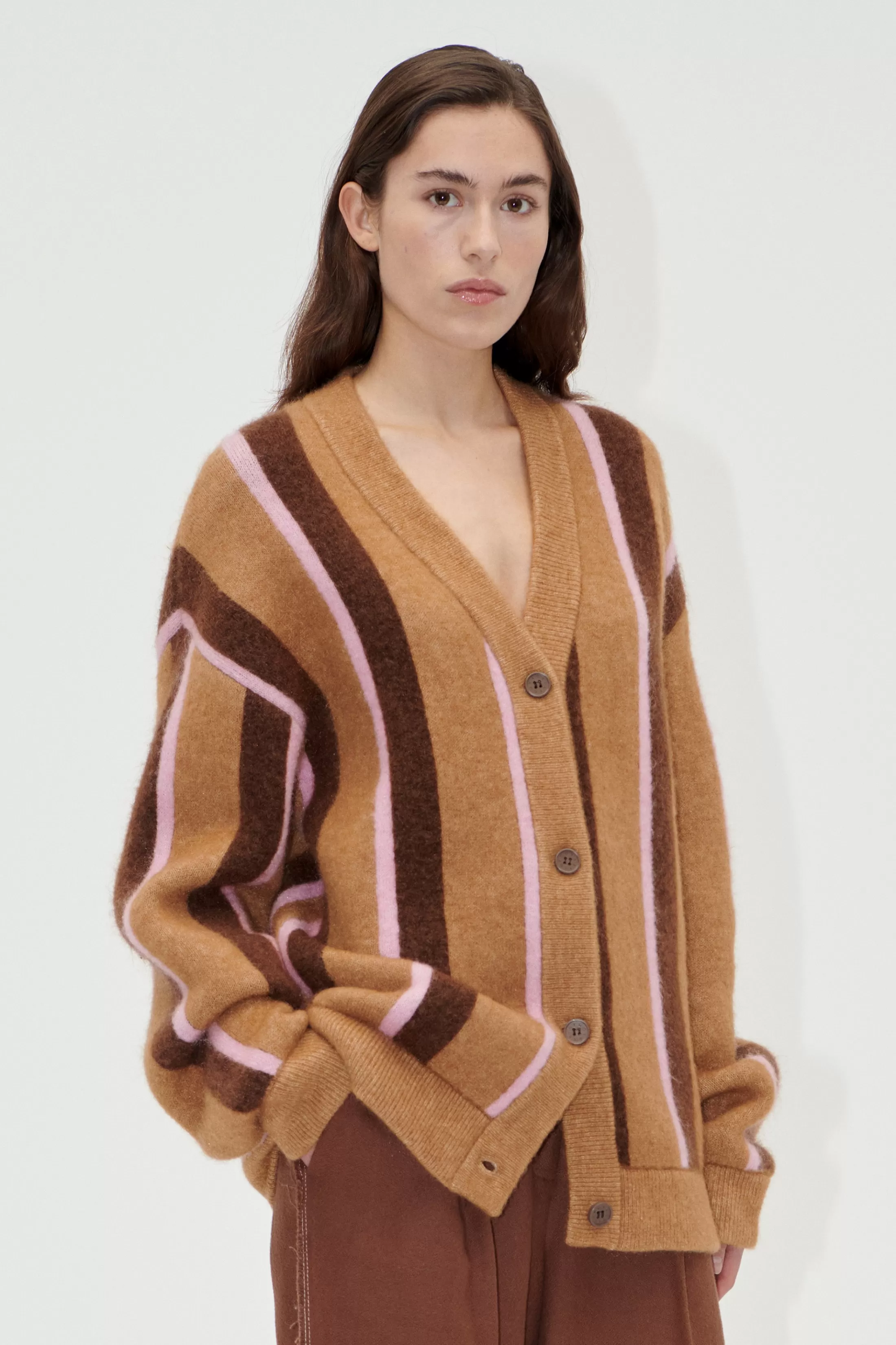 Store Long Sleeve Cardigan - Cocoa Stripes Strik