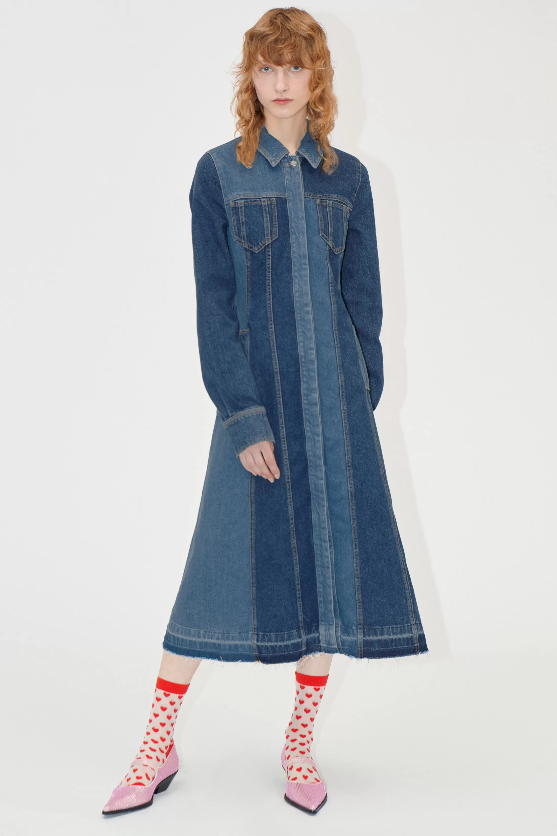 Outlet Long Sleeve Denim Dress - Two Tone Denim Denim | Kjoler