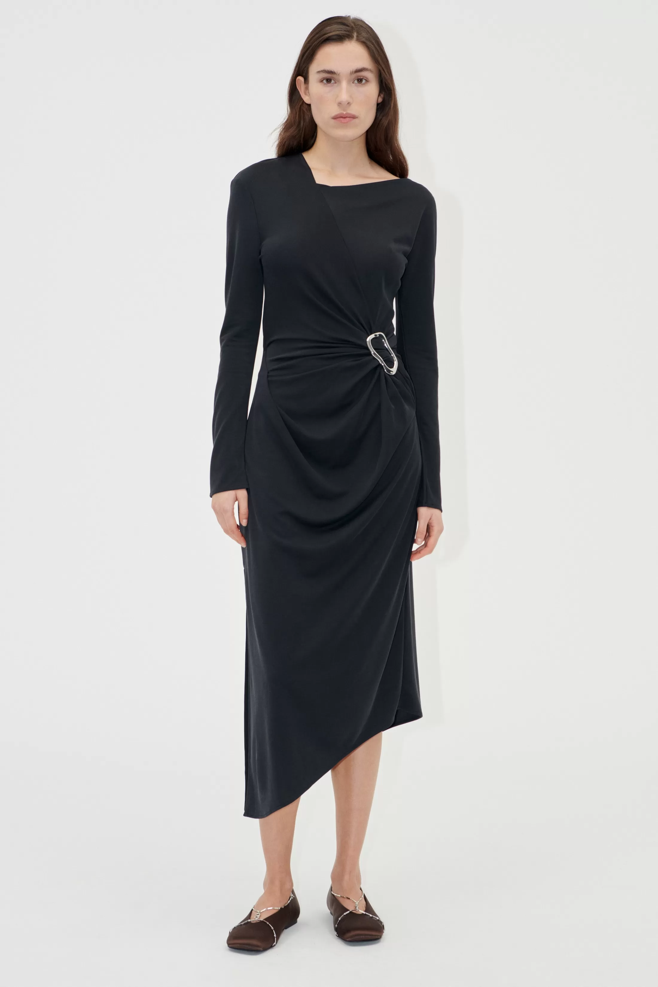 Online Long Sleeve Midi Dress With Fixed Buckle - Jet Black Kjoler