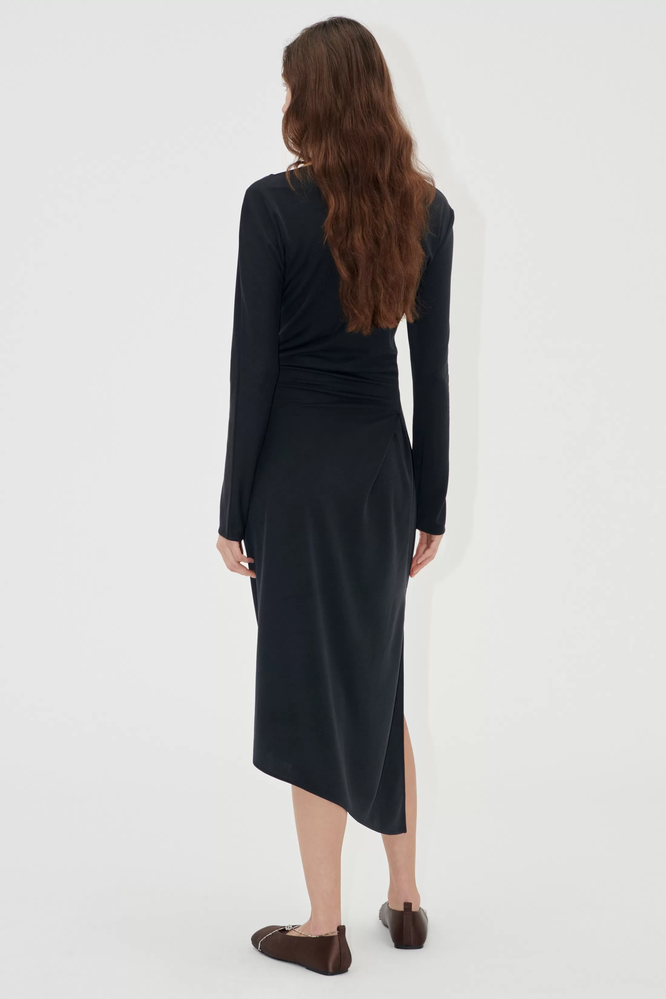 Online Long Sleeve Midi Dress With Fixed Buckle - Jet Black Kjoler