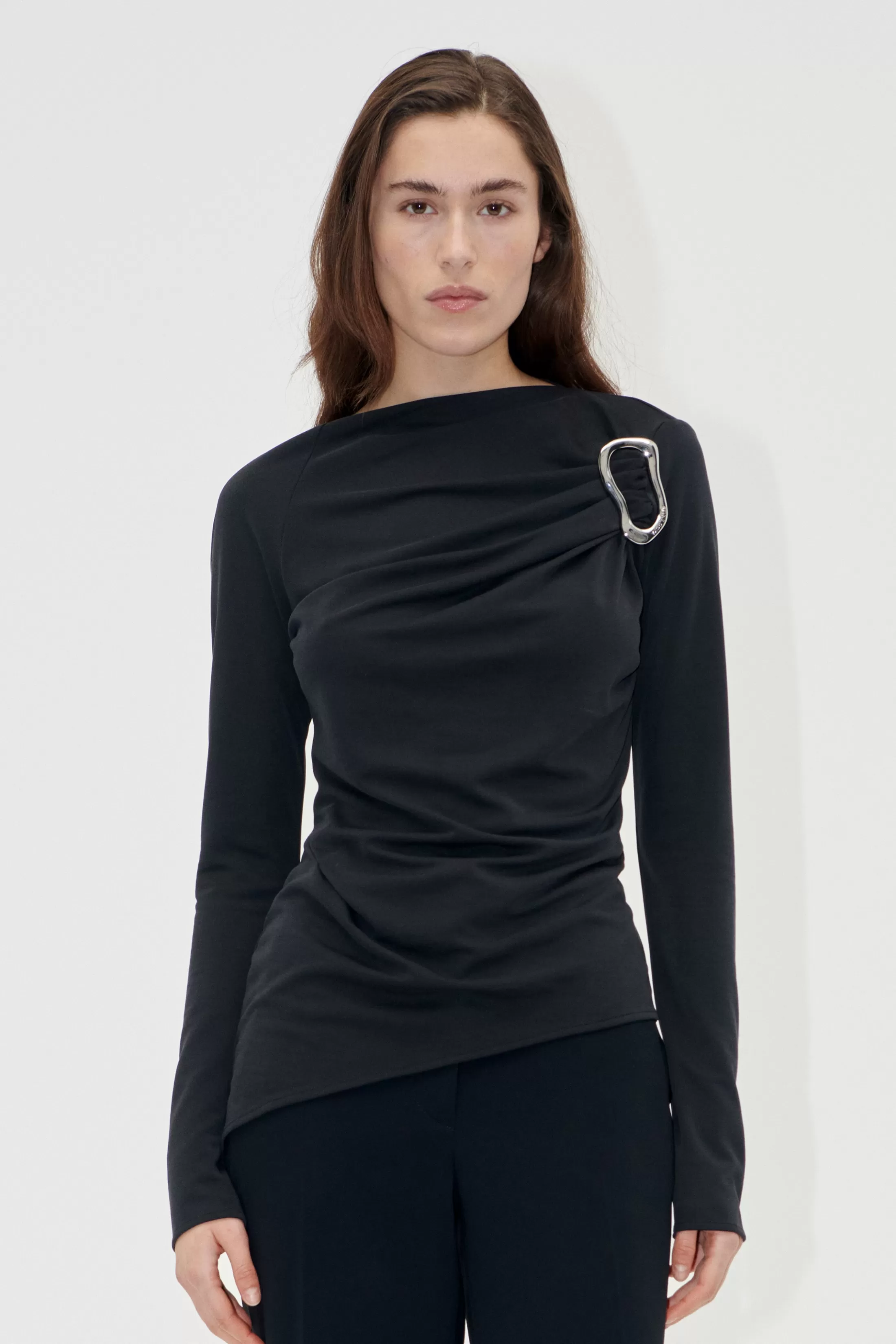 Shop Long Sleeve Top With Fixed Buckle - Jet Black Bluser & Skjorter