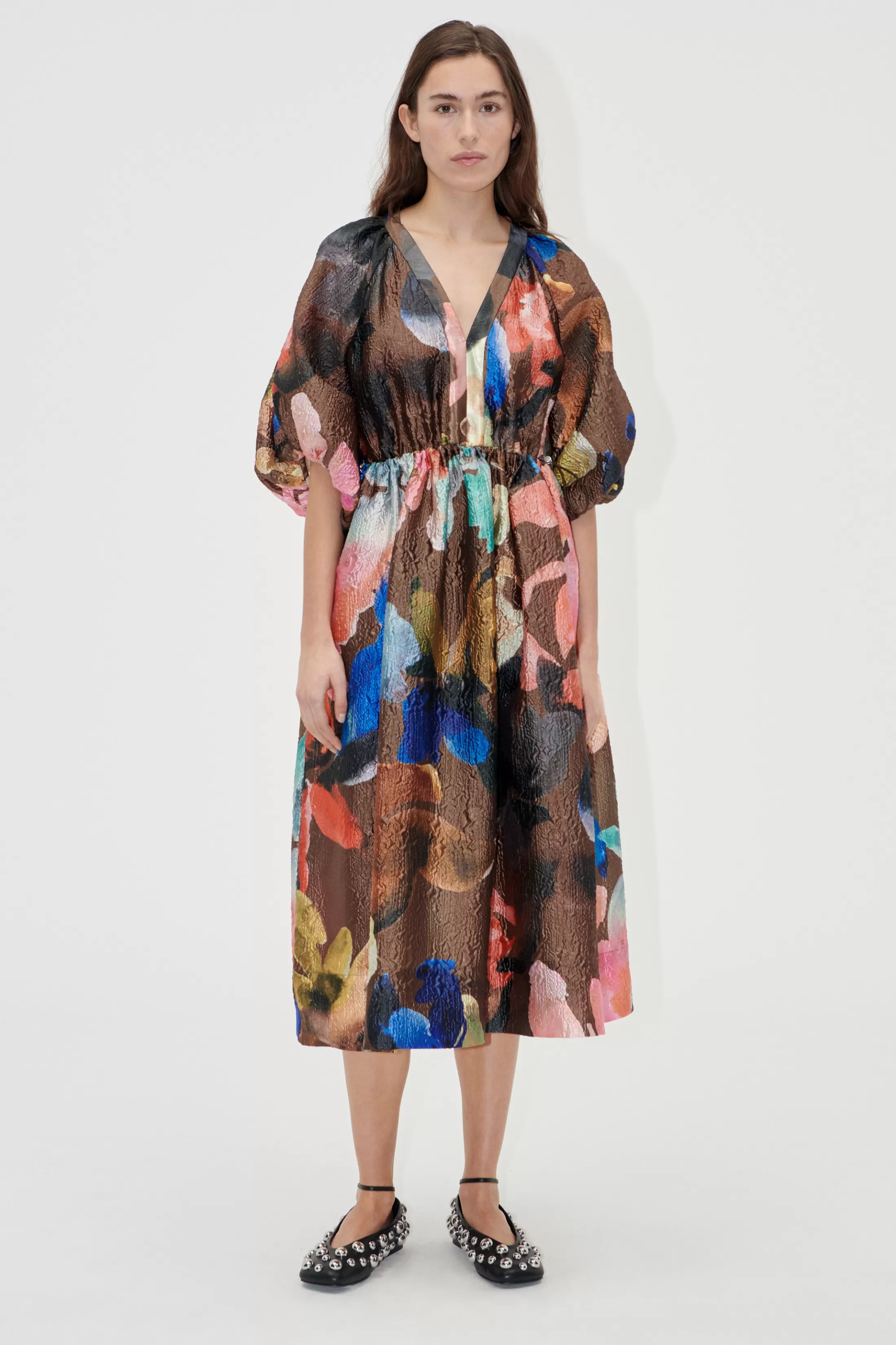 Sale Three-Quarter Sleeve Elasticated Midi Dress - Aquarelle Garden Kjoler