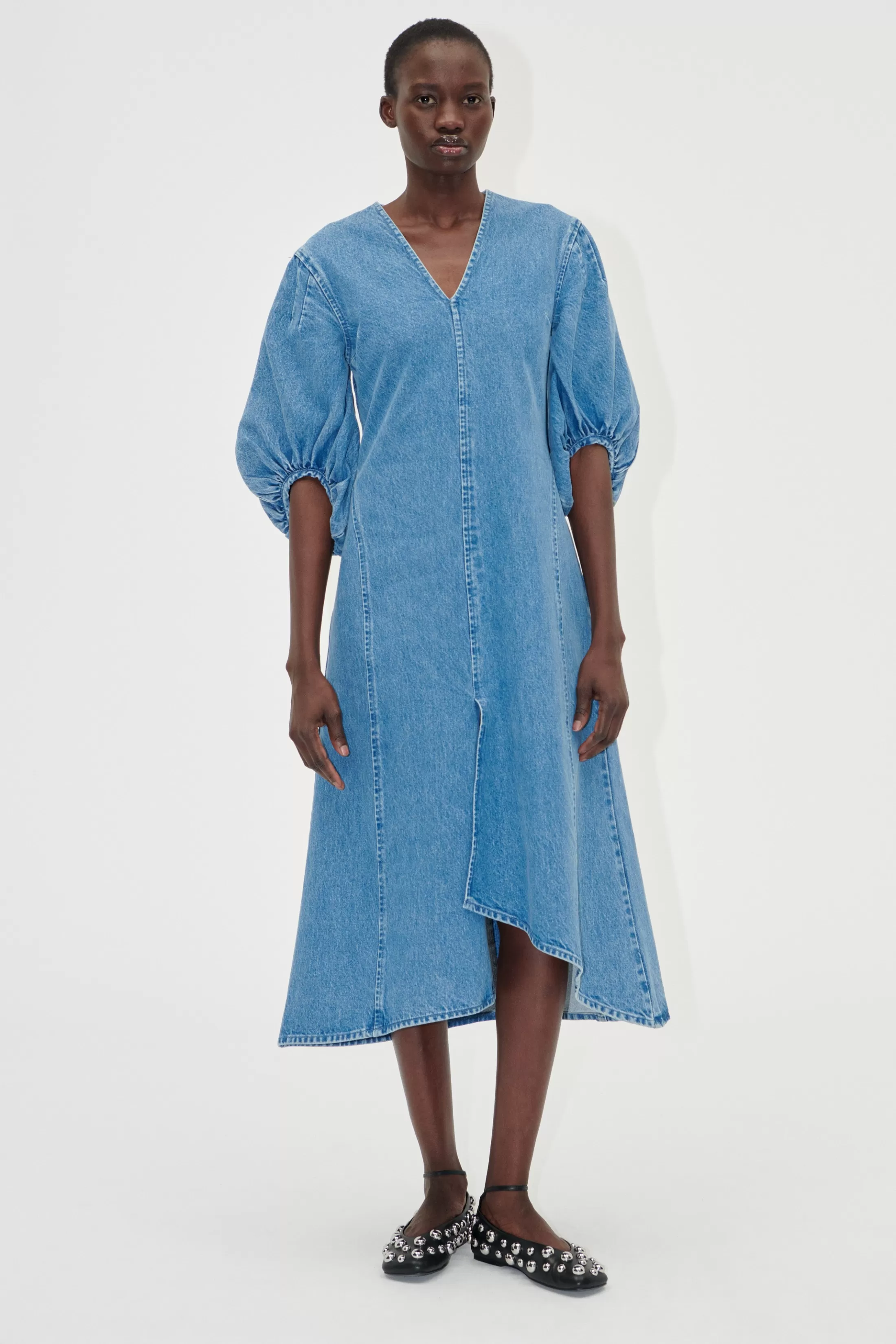 Discount Volume Sleeves Midi Dress - Denim Blue Denim | Kjoler