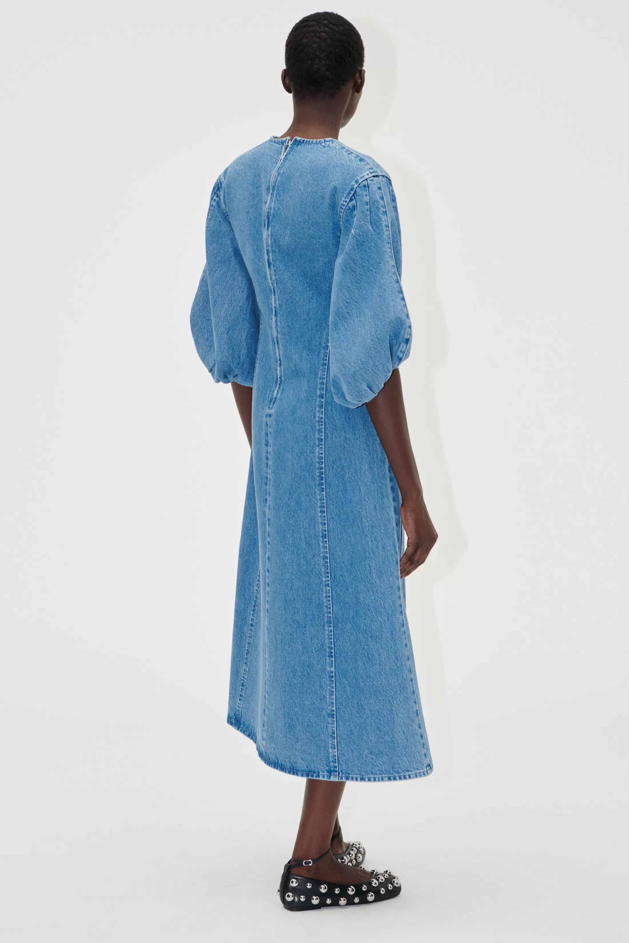 Discount Volume Sleeves Midi Dress - Denim Blue Denim | Kjoler