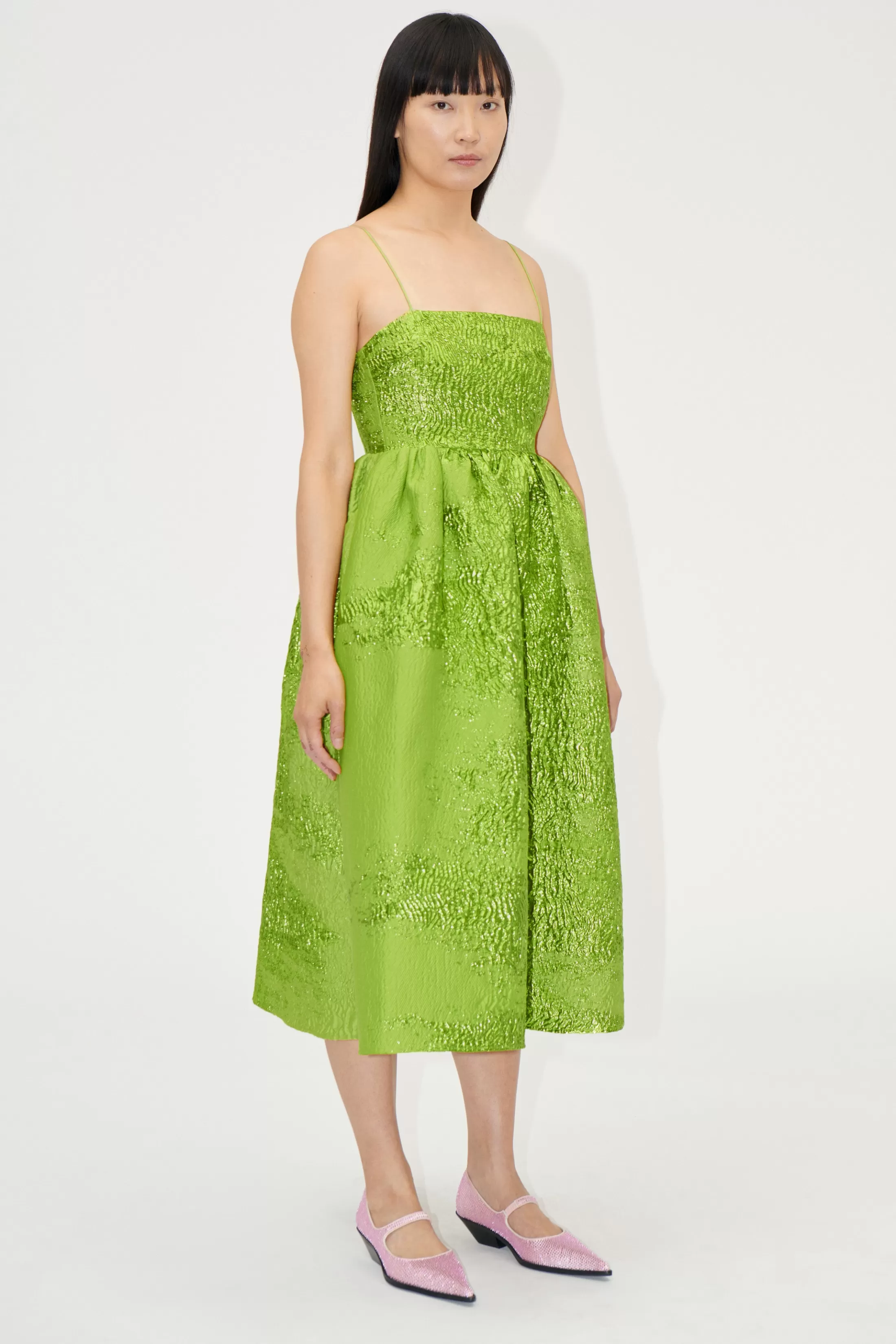 Sale Voluminous Gathered Midi Dress - Green impressionist hue Kjoler