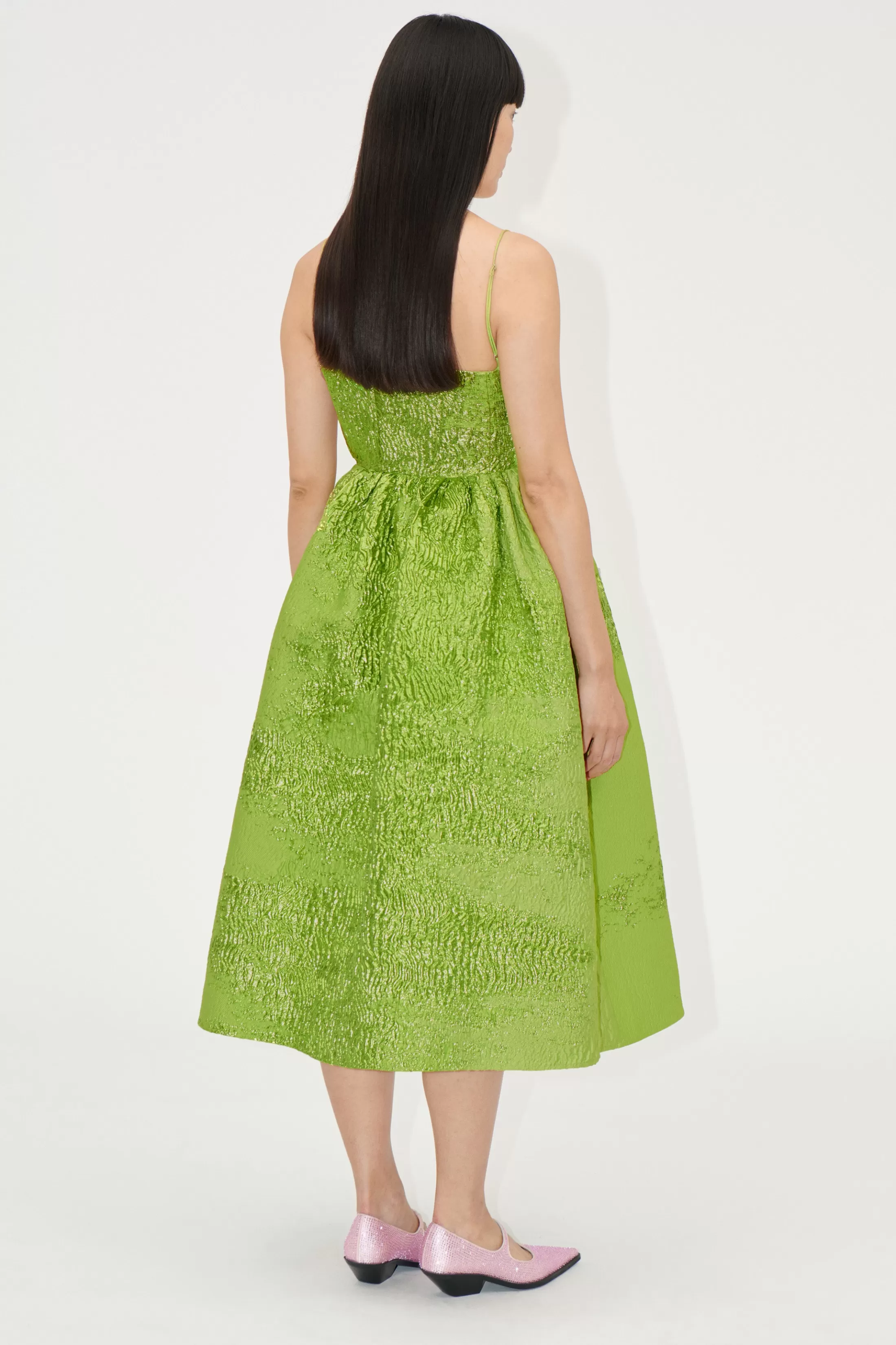 Sale Voluminous Gathered Midi Dress - Green impressionist hue Kjoler