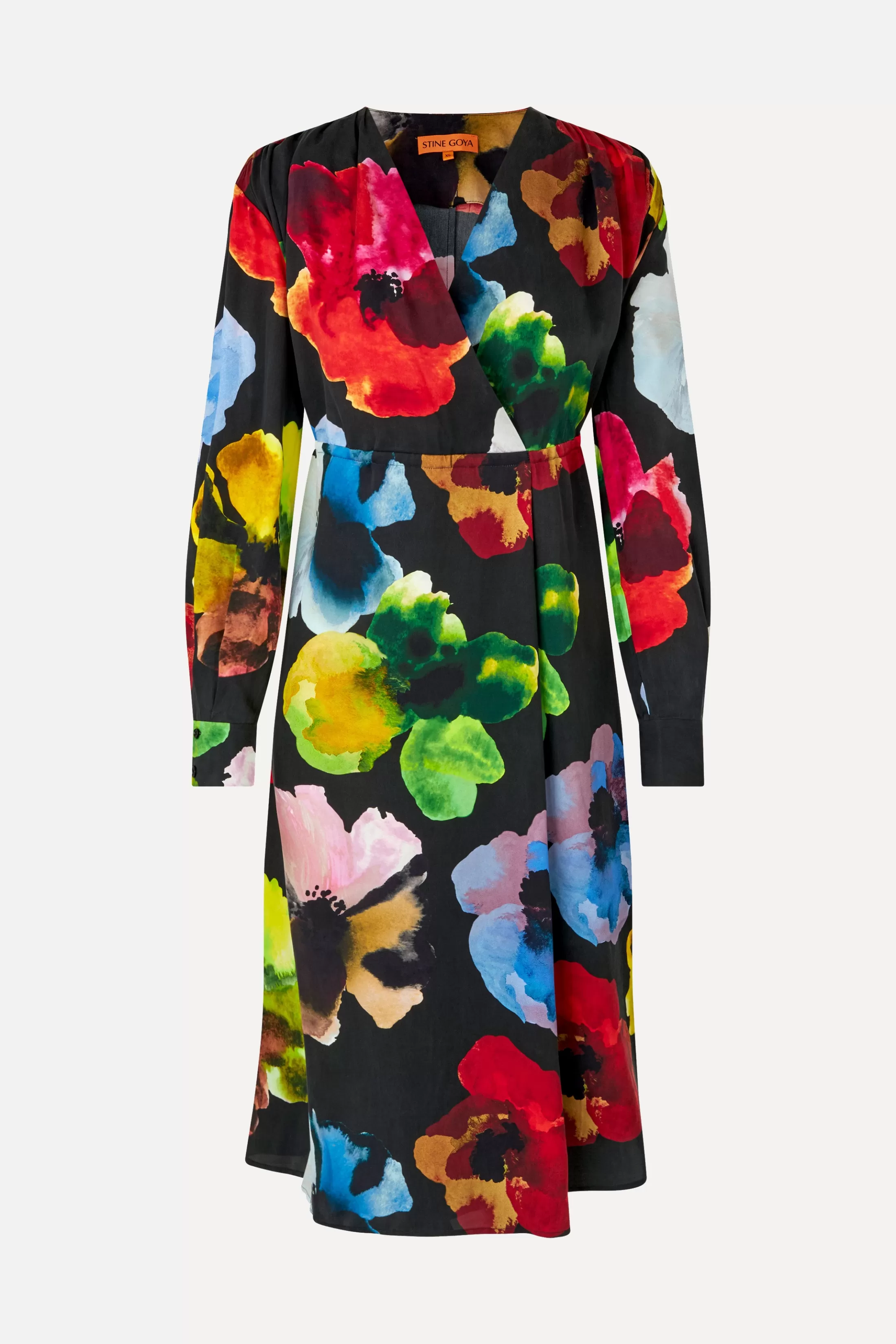 Flash Sale Voluminous V Neck Midi Dress - Watercolor Bloom Kjoler